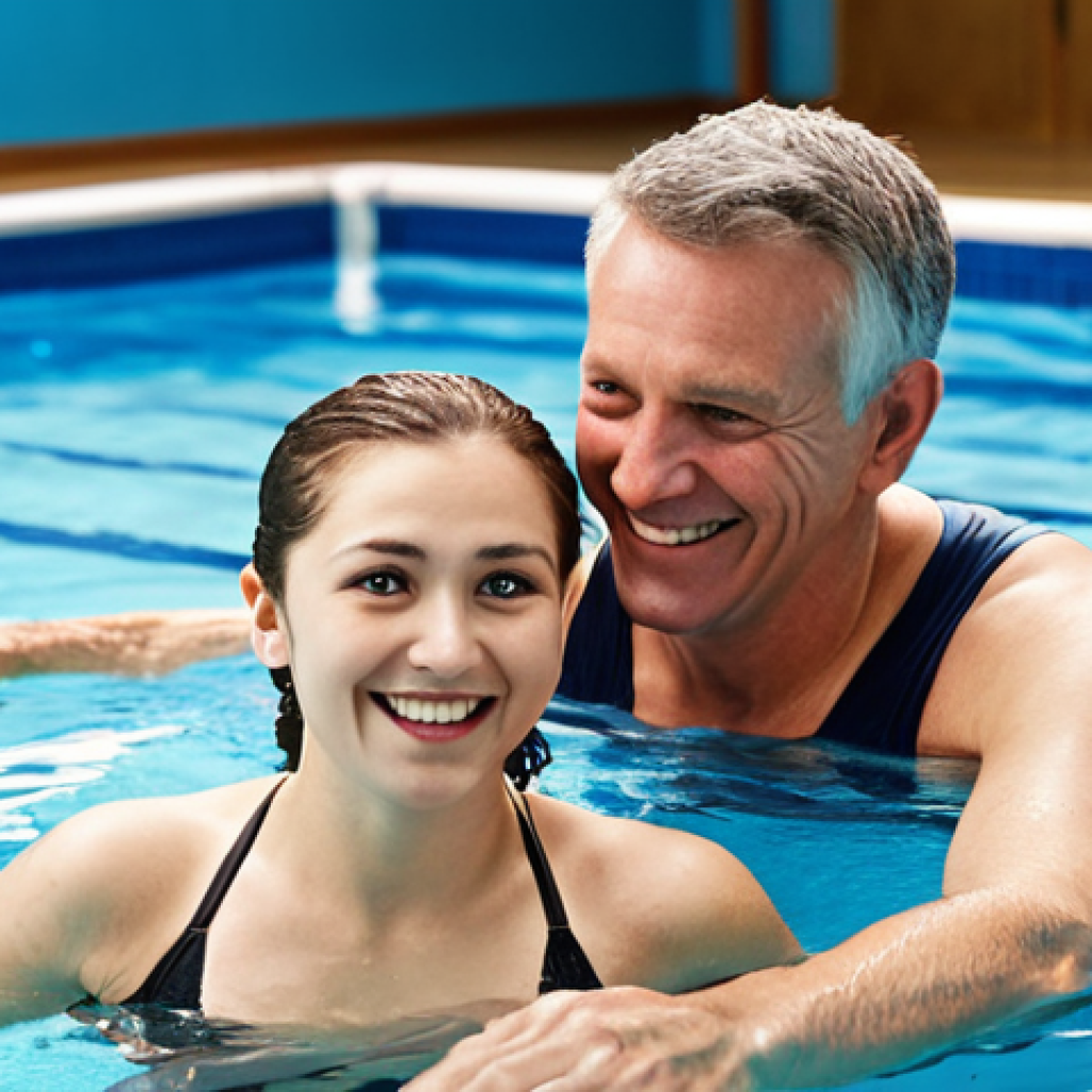 **

A supportive adult swimming class environment. Focus on an instructor helping an adult overcome their fear of putting their face in the water, showcasing patience and encouragement. The setting is a brightly lit pool with small class sizes. The adult should be smiling, showing a sense of accomplishment.

**