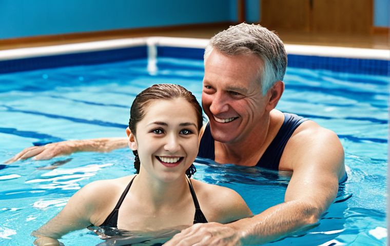 **
A supportive adult swimming class environment. Focus on an instructor helping an adult overcome their fear of putting their face in the water, showcasing patience and encouragement. The setting is a brightly lit pool with small class sizes. The adult should be smiling, showing a sense of accomplishment.
**